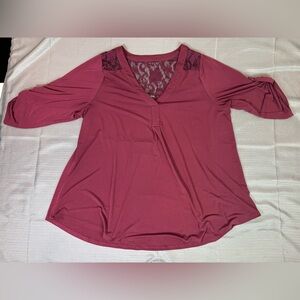 Torrid Lace Back Blouse Size 3 Plus Size Burgundy Roll Tab Sleeve Top